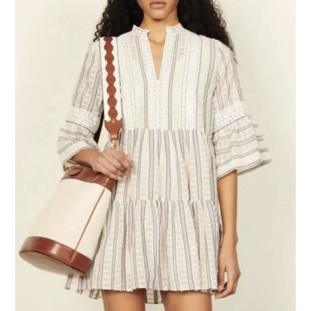 SANDRO • Ecru/White/Navy Stephanie Stripe Boho Lace-Trim Tiered Mini Dress, S - Picture 16 of 16